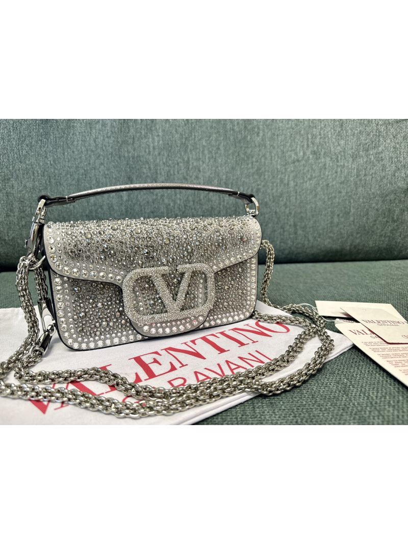 Valentino Garavani Locò Rhinestone Shoulder Bag Silver