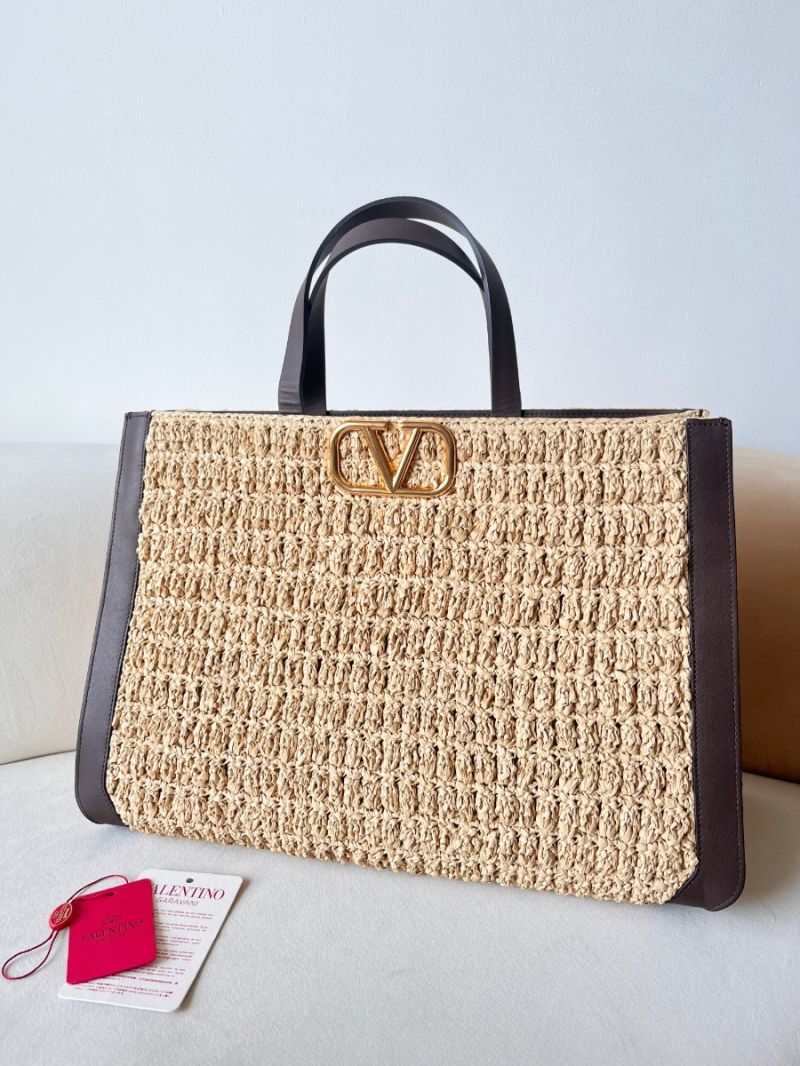 VALENTINO GARAVANI - V Logo Signature Raffia Crochet Tote Bag brown