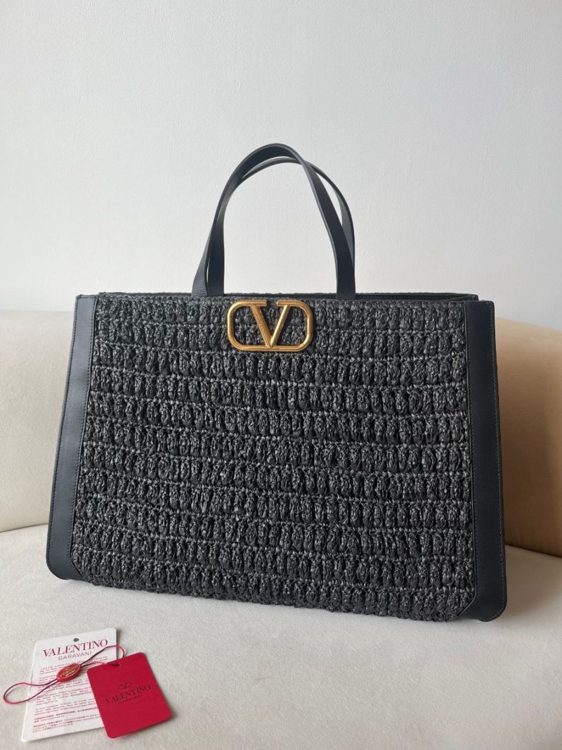 VALENTINO GARAVANI - V Logo Signature Raffia Crochet Tote Bag black