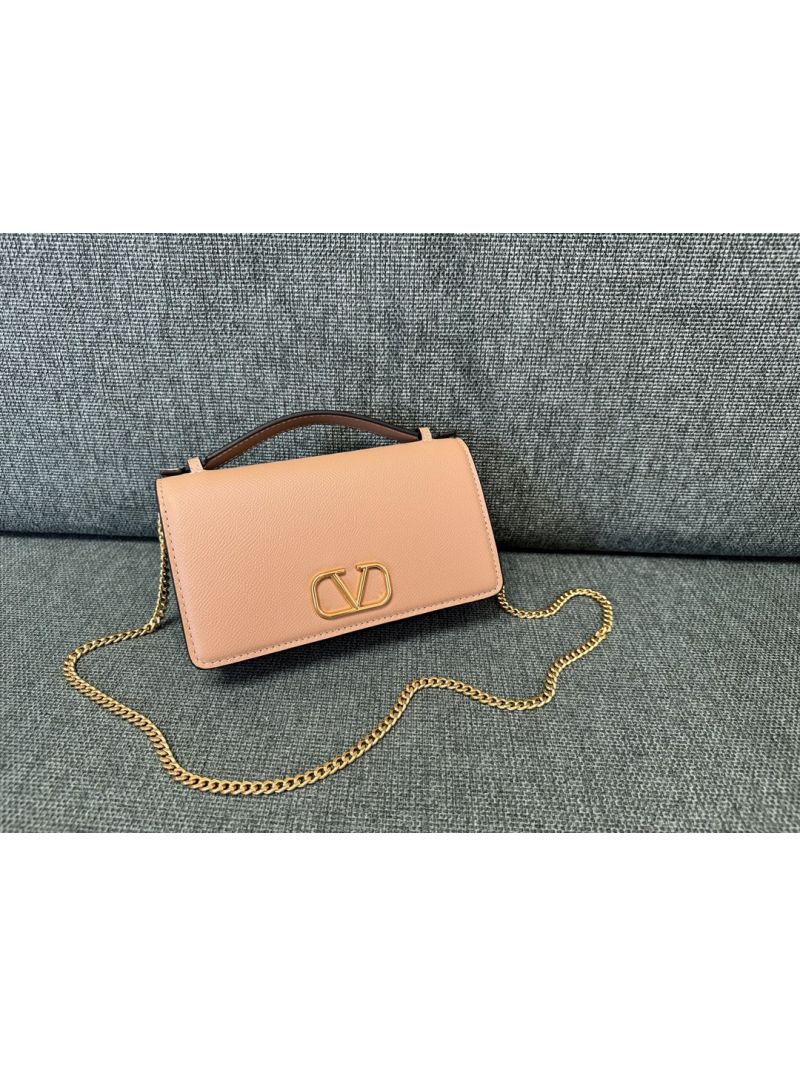 Valentino Garavani VLogo Signature Grained Calfskin Wallet with Chain Shoulder Strap pink