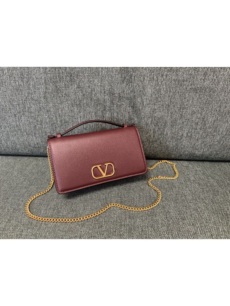 Valentino Garavani VLogo Signature Grained Calfskin Wallet with Chain Shoulder Strap claret red