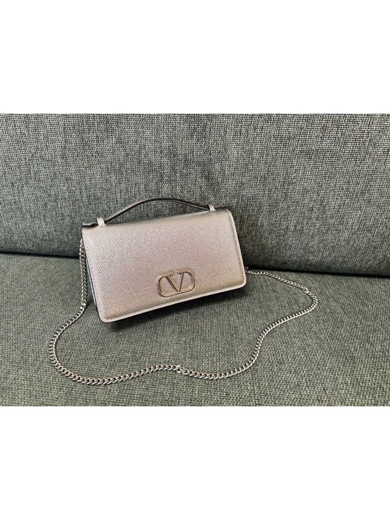 Valentino Garavani VLogo Signature Grained Calfskin Wallet with Chain Shoulder Strap silver