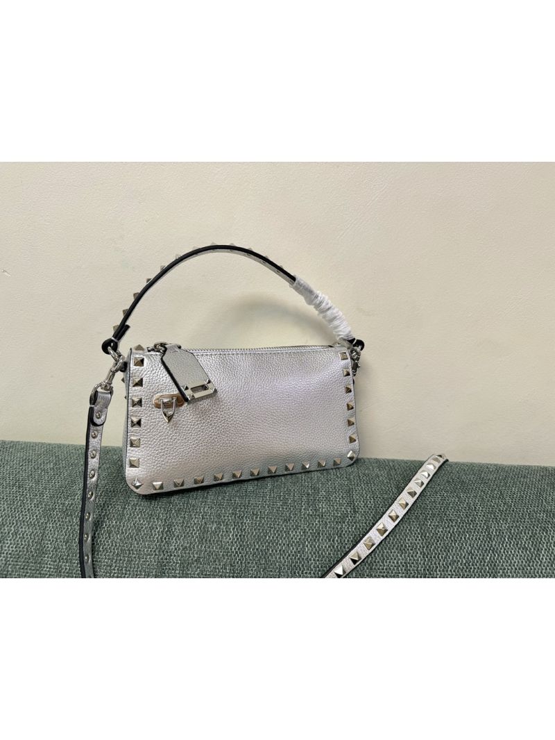 Valentino Small Rockstud Grainy Metallic Calfskin Crossbody Bag Silver
