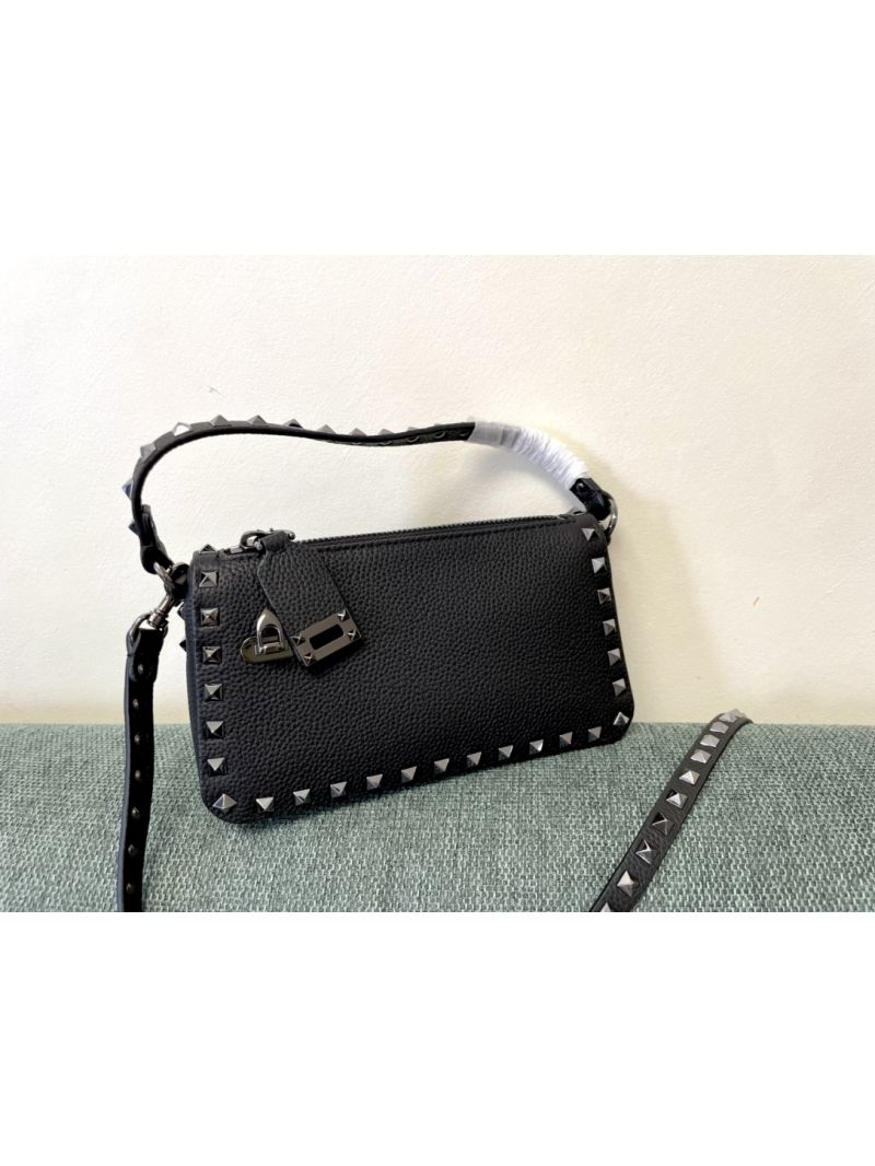 Valentino Small Rockstud Grainy Metallic Calfskin Crossbody Bag black
