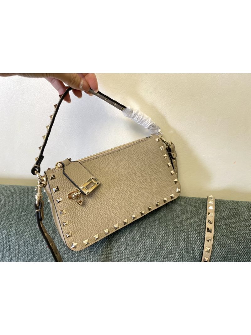 Valentino Small Rockstud Grainy Metallic Calfskin Crossbody Bag beige