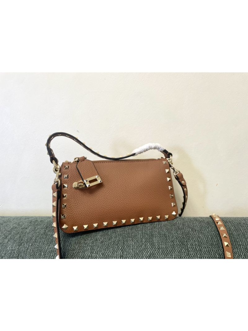 Valentino Small Rockstud Grainy Metallic Calfskin Crossbody Bag brown