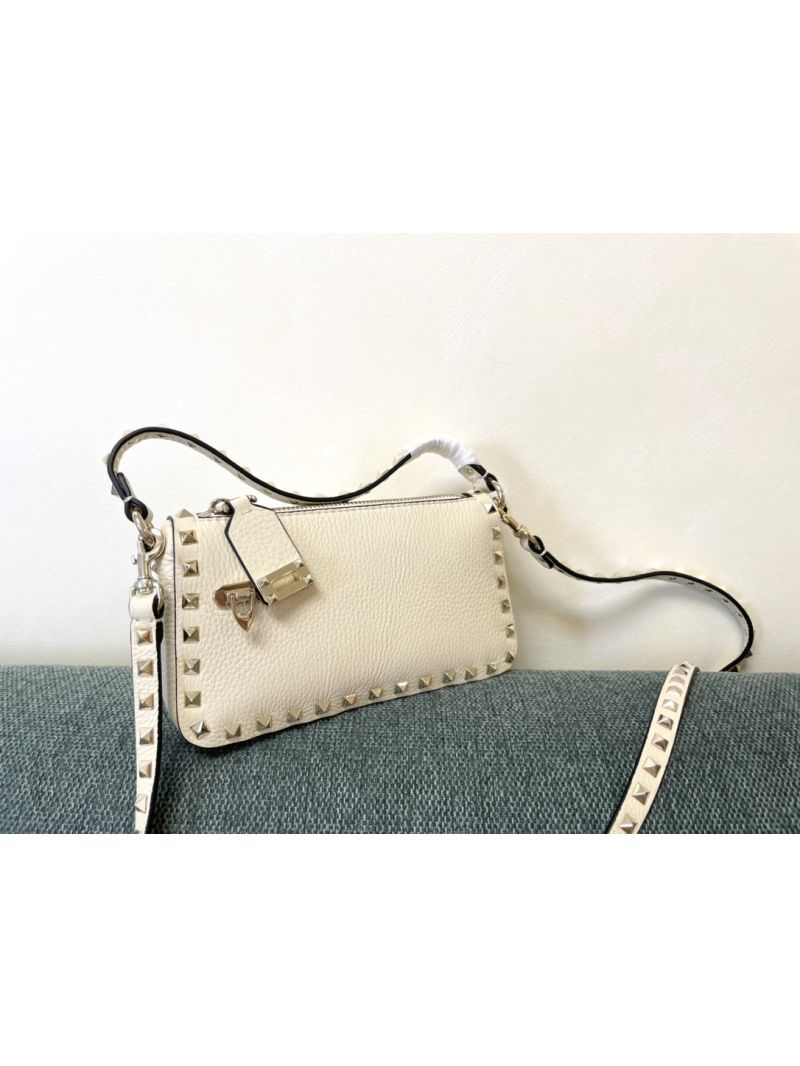 Valentino Small Rockstud Grainy Metallic Calfskin Crossbody Bag White