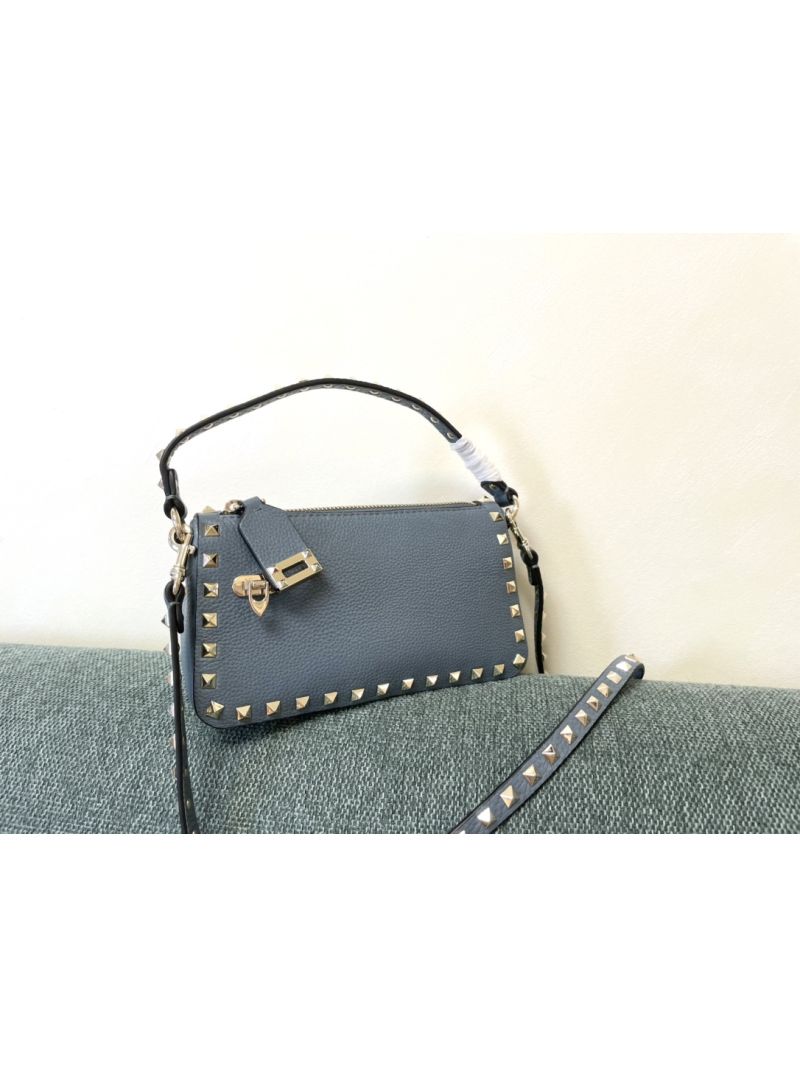 Valentino Small Rockstud Grainy Metallic Calfskin Crossbody Bag blue