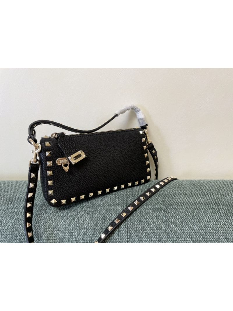Valentino Small Rockstud Grainy Metallic Calfskin Crossbody Bag black with gold hardware
