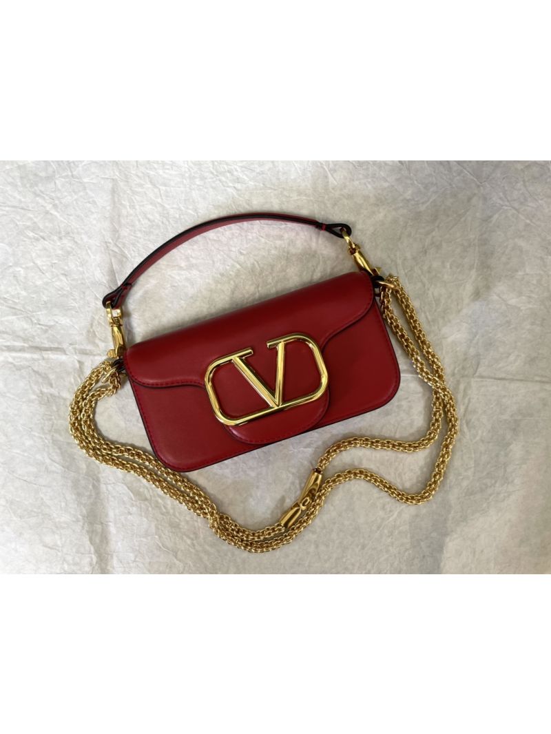  Valentino Garavani Small Locò Metallic Calfskin Shoulder Bag red