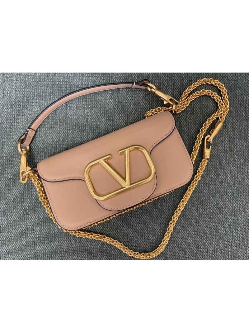  Valentino Garavani Small Locò Metallic Calfskin Shoulder Bag Beige