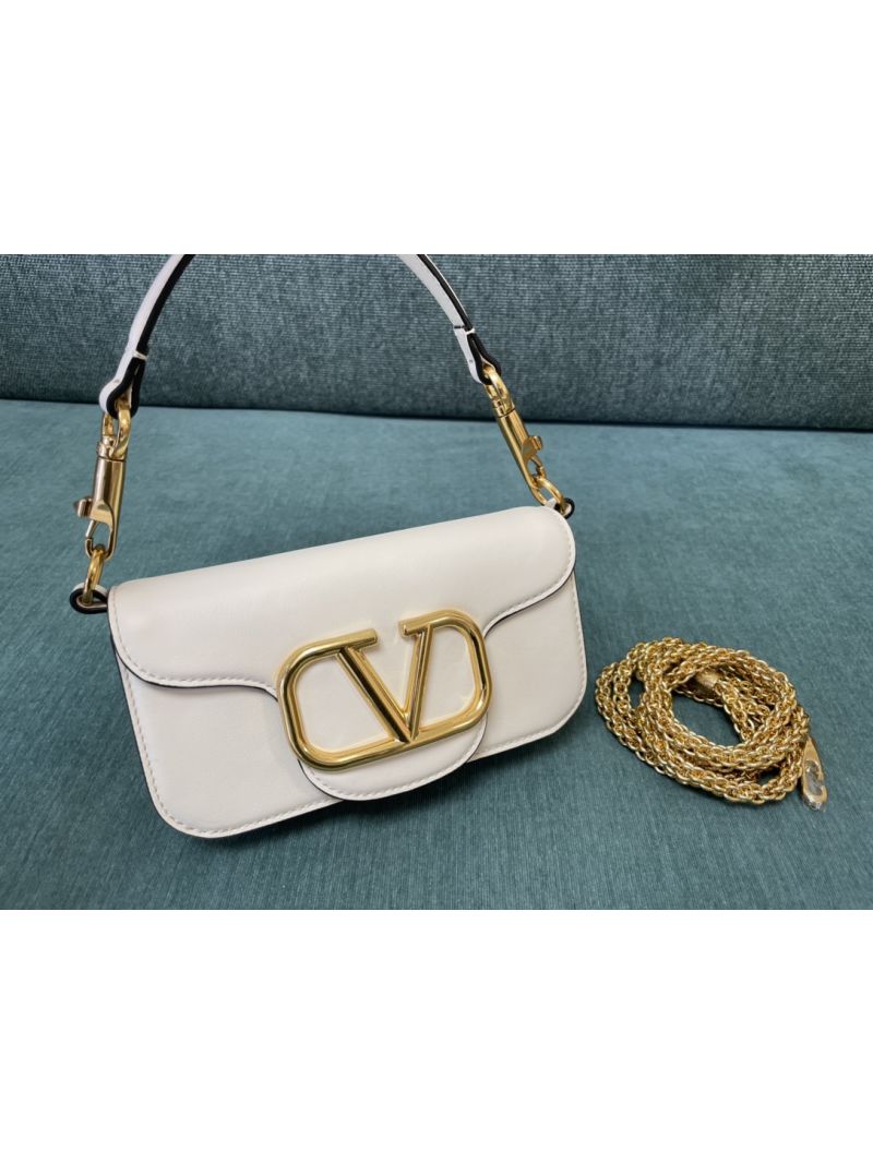  Valentino Garavani Small Locò Metallic Calfskin Shoulder Bag white