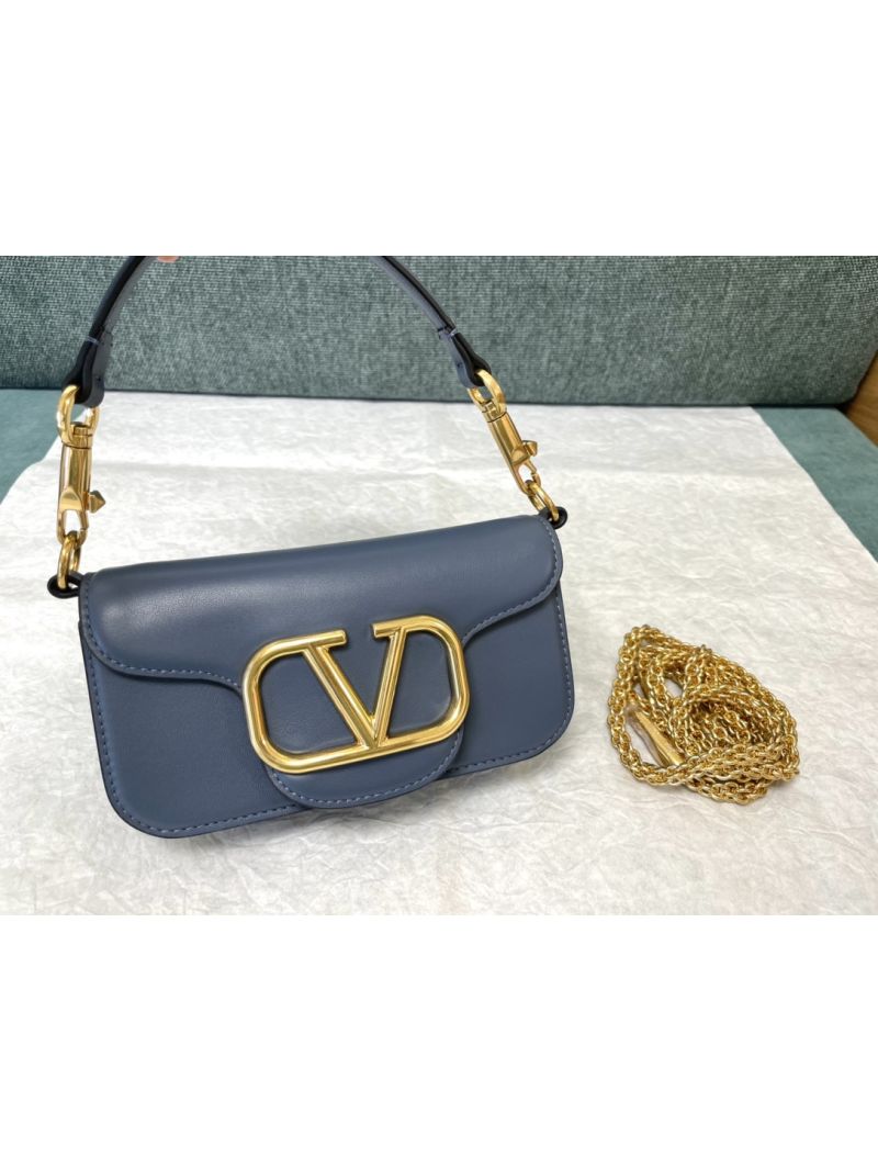  Valentino Garavani Small Locò Metallic Calfskin Shoulder Bag blue grey