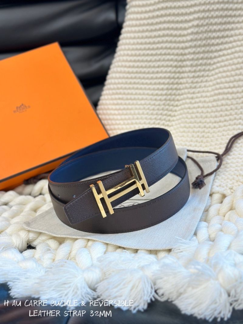Hermes H au Carré Belt Buckle & Reversible Leather Strap 32mm dark brown x blue