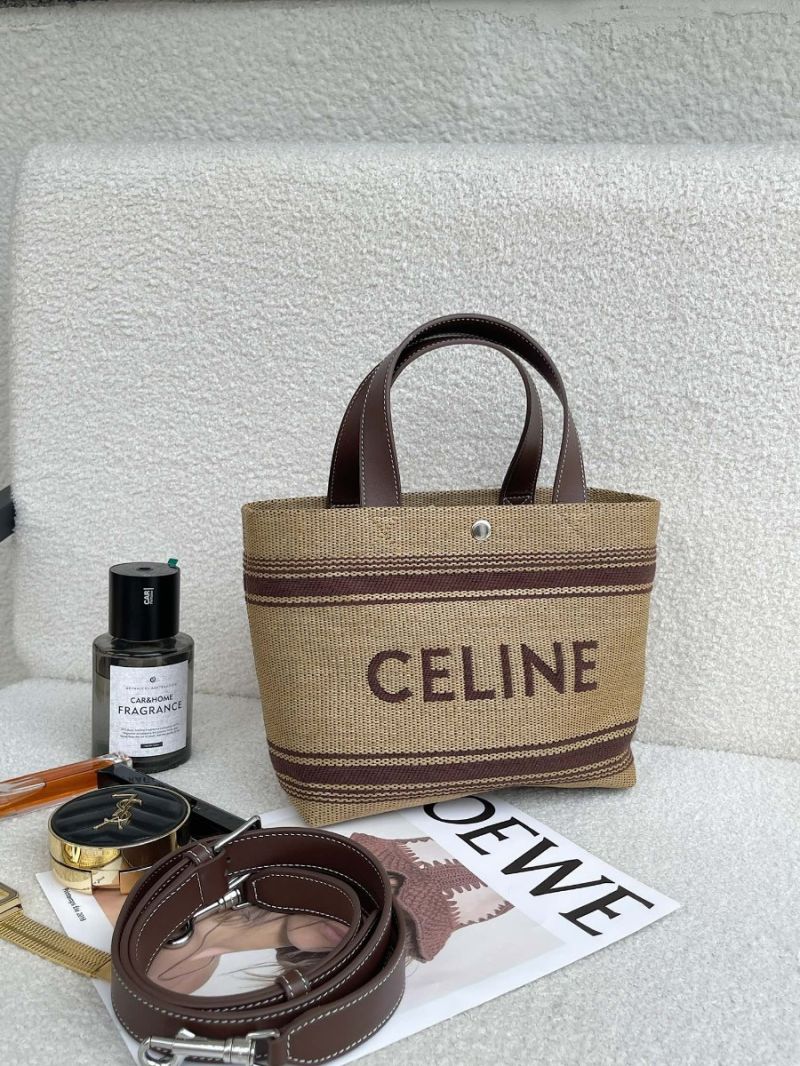 Celine Mini Cabas Textile Raffia Effect Handbag 116992 NATURAL / CHESTNUT