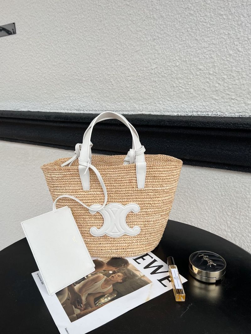 Celine Medium Supple Classic Panier in Raffia and Calfskin 114342 White