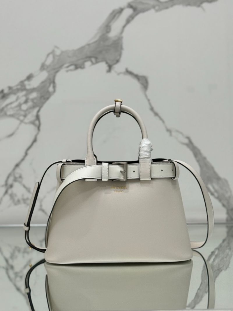 Prada Buckle Medium Leather Handbag with Belt 1BA434 white