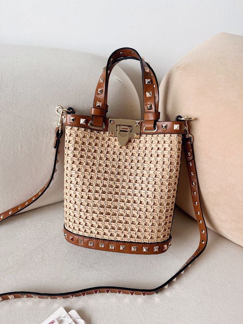 Valentino Garavani Rockstud Mini Raffia-Effect Bucket Bag
