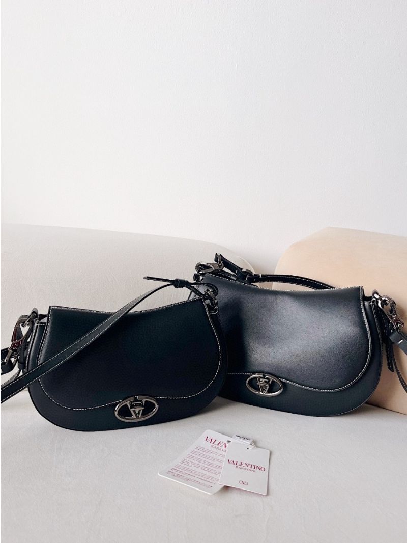 Valentino Garavani Ohval Leather Shoulder Bag in Black with silver hardware