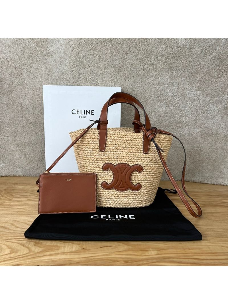Celine Medium Supple Classic Panier in Raffia and Calfskin 114342 Tan