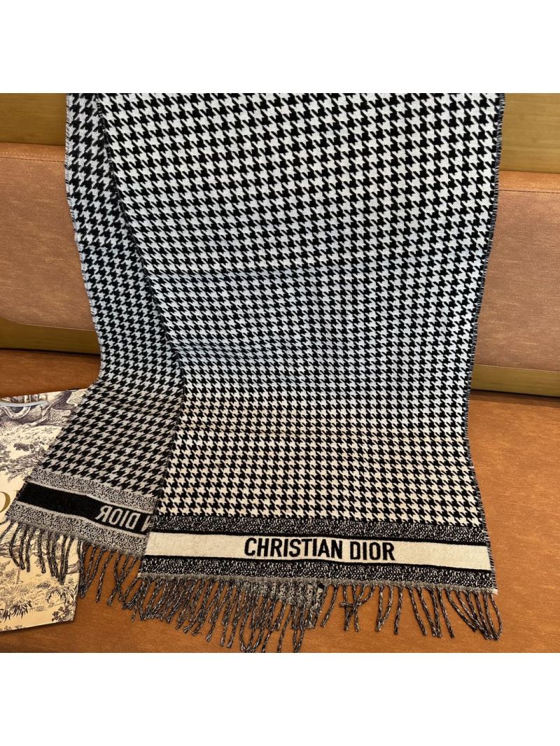 Dior Houndstooth Wool & Cashmere Scarf with Fringed Edges