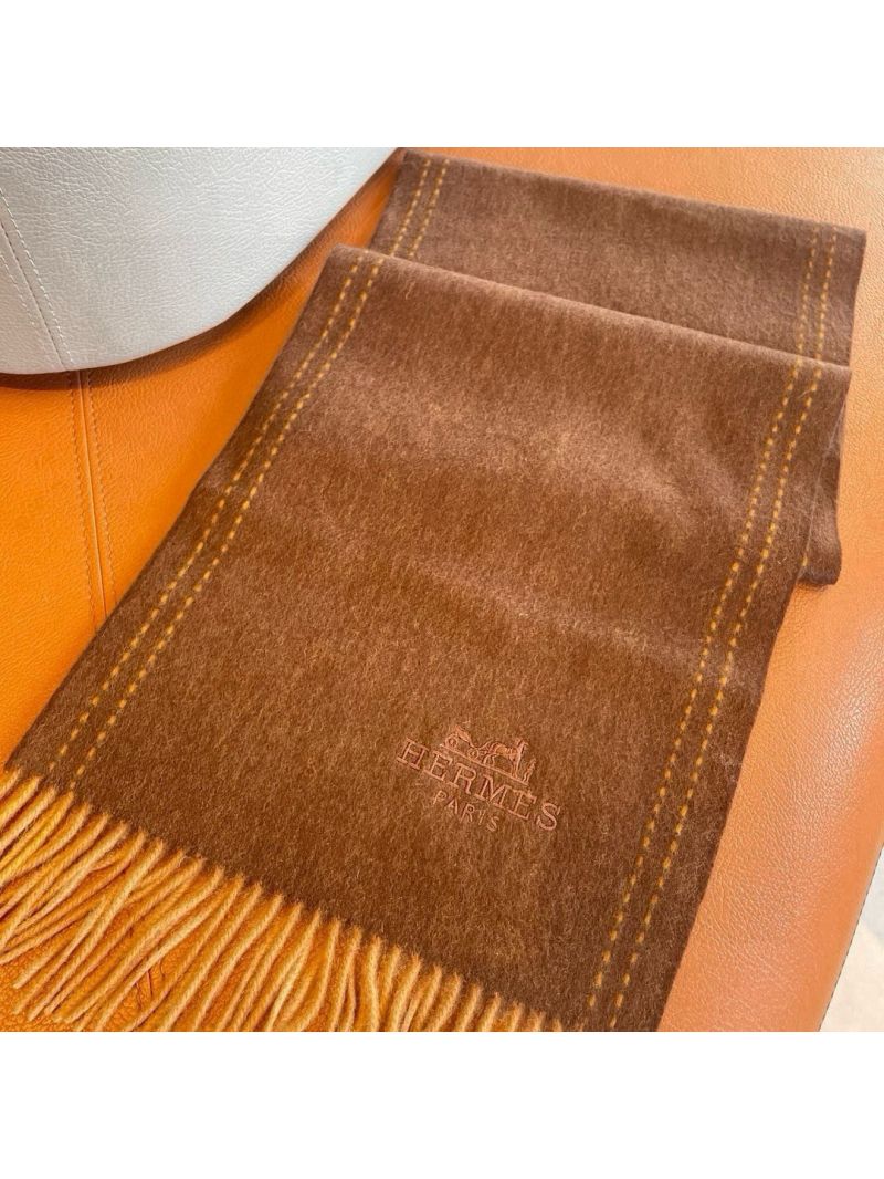 Hermes Double-Sided "H" Embroidered dark brown Scarf with Elegant Border Design 35 x 180 cm