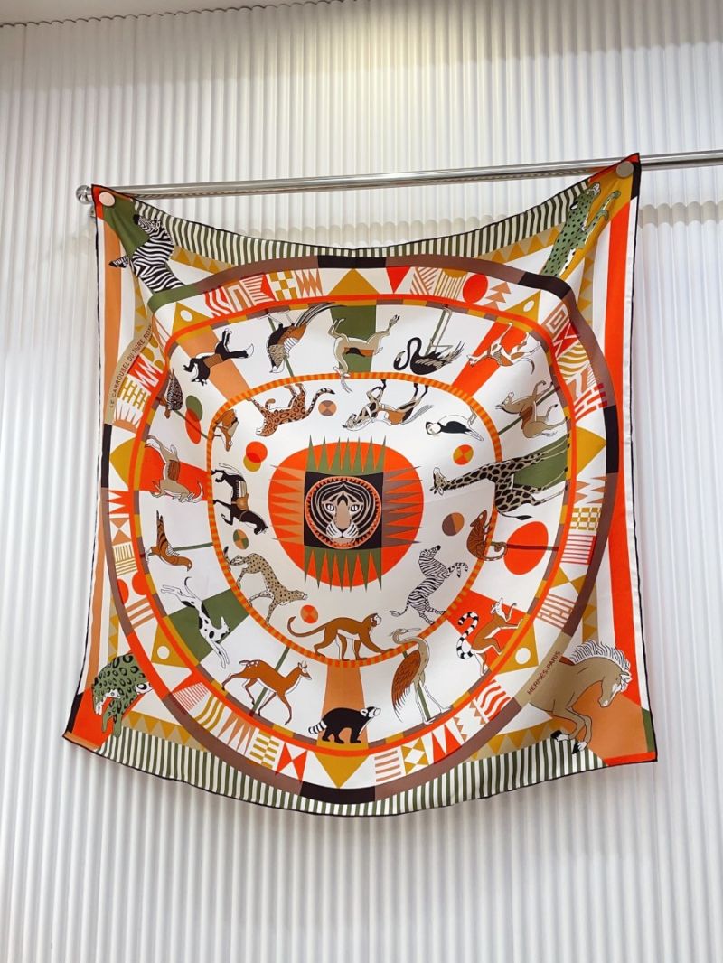 Hermes "King of Tigers Carousel" 90 x 90cm Silk Scarf orange