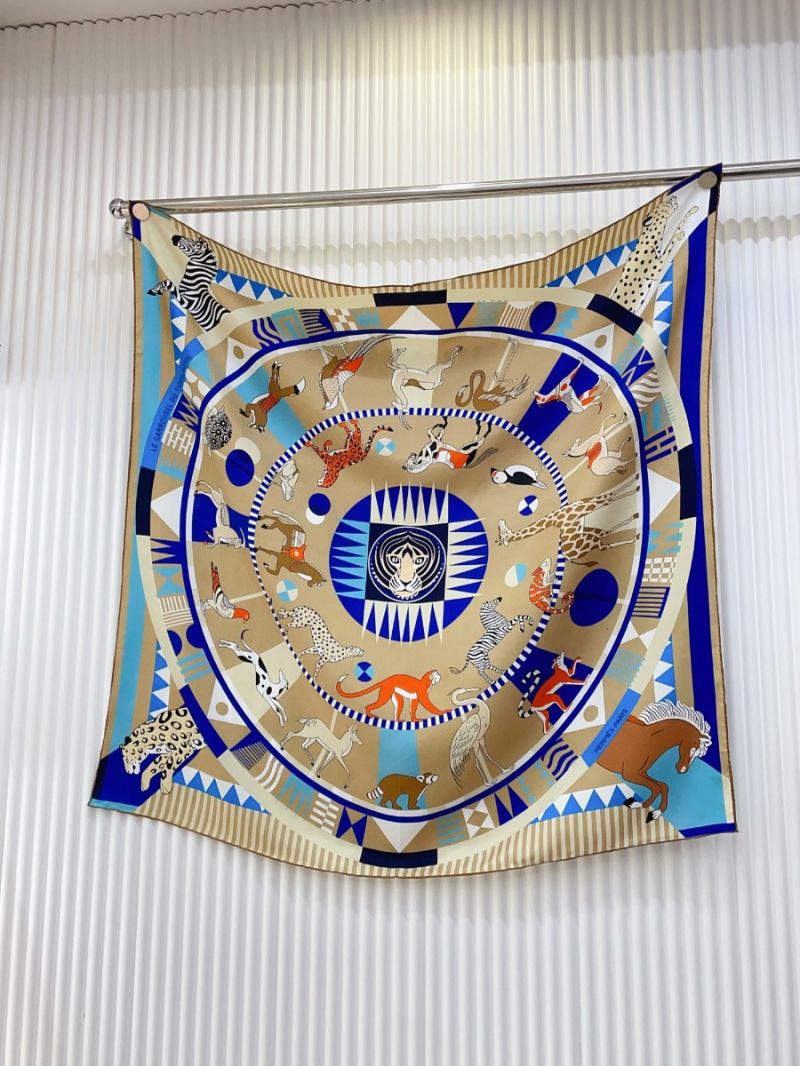 Hermes "King of Tigers Carousel" 90 x 90cm Silk Scarf blue